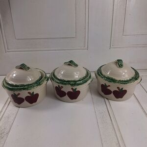 Vintage Handcrafted Ceramic Red Apples with Green Casserole Dishes with Lids